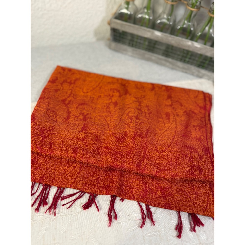 Pashmina Cashmere Silk Paisley Scarf Shawl Wrap Orange Red Made in Italy 27x74 - Picture 5 of 10
